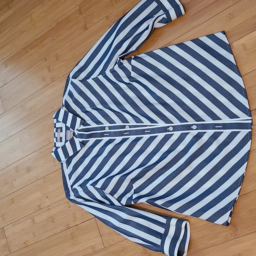 Chico's Navy and White Diagonal Stripe Button-Up Blouse